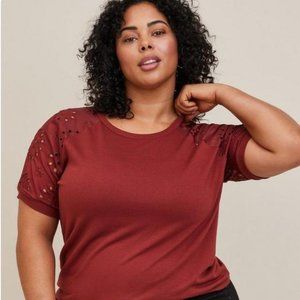 Torrid French Terry Crew Neck Eyelet Short Sleeve Raglan Sweatshirt Madder Brown